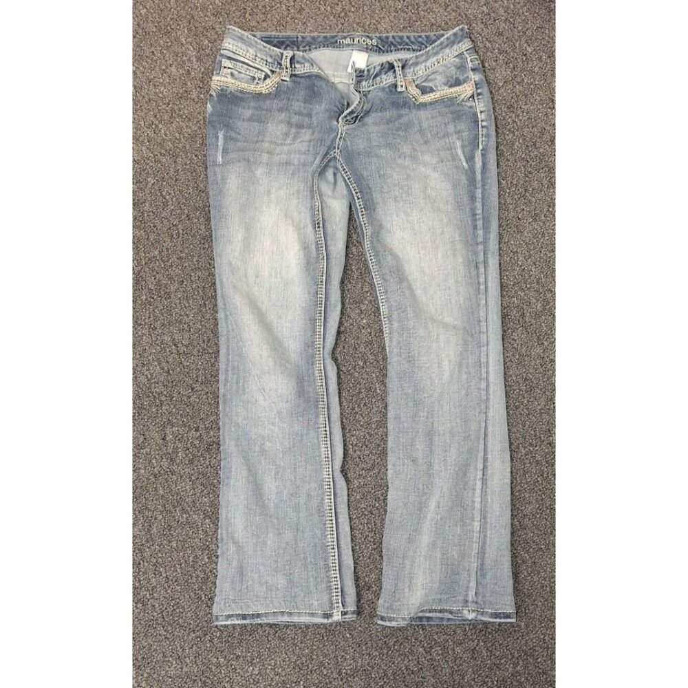 maurices Jeans Womens 7/8 REG Bootcut Flare Faded Contrast Stitch Embellished